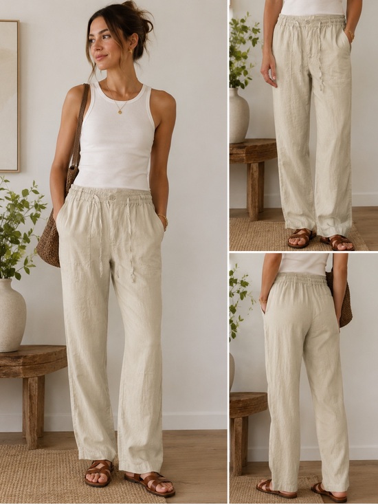 sailwind Pants - Sailwind Women’s Preppy Flowy Lightweight Linen-Blend Drawstring Pants - Beige